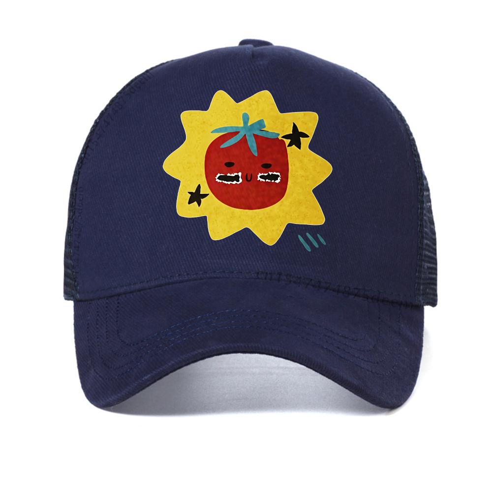 

Cartoon Tomato print Breathable baseball cap outdoor casual unisex mesh adjustable trucker hat Summer fashion snapback hats Adjustable темно-синього кольору