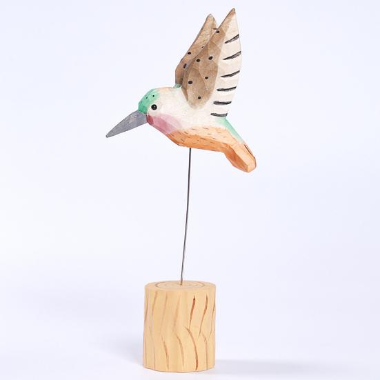 Wood Carving Hummingbird Ornament with Tree Stump/Bell Handcrafted Bird Figurine Statue Sculpture