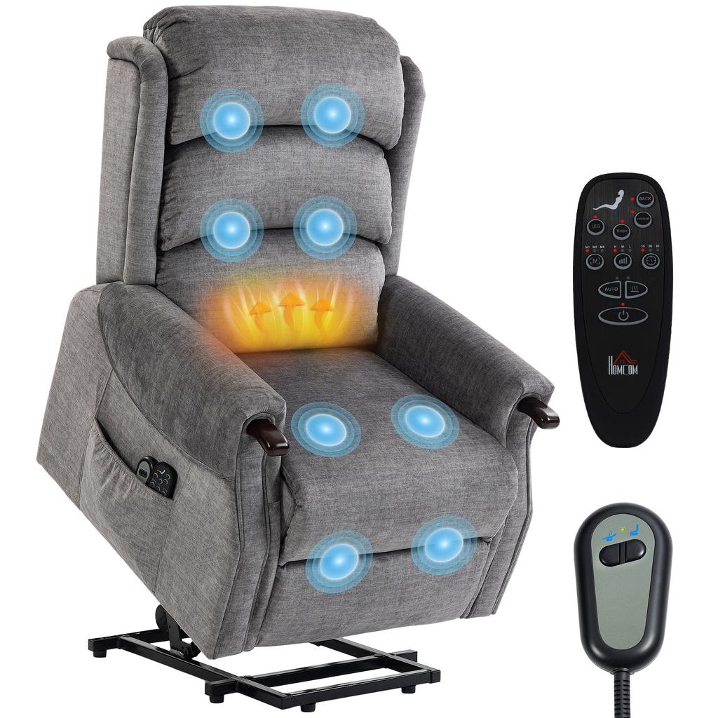 Power Lift Recliner with Vibration Massage and Heat, Lift Chair for Tall with Wood Grip, Pocket Spring, Light Grey