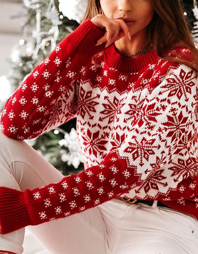 Women's Christmas Snowflake Knit Sweater - Autumn/Winter Fashion Long Sleeve Round Neck Pullover