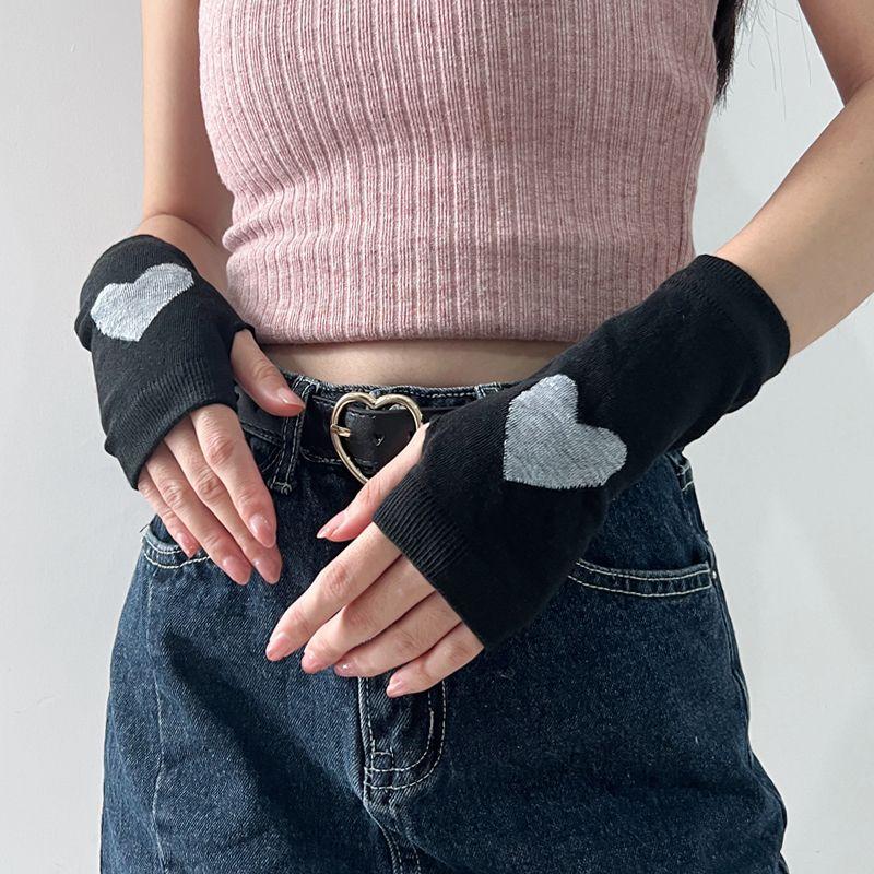

XINGX Knitted Gloves Sweet Girl Anime Cosplay Two-Dimensional Open Finger Oversleeve Y2g Gyaru Arm Sleeves Black Short Heart All yards