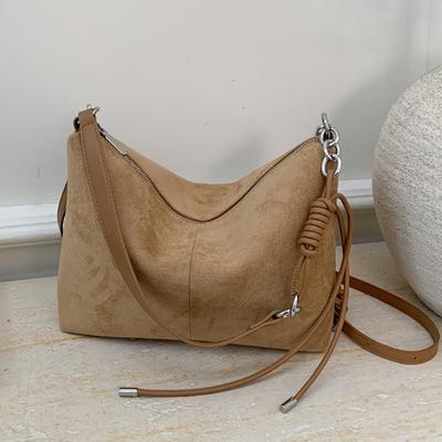 Retro Commuting Suede Shoulder Bag Women's Large Capacity Zipper Crossbody Pack Autumn Winter Trendy Square Khaki Handbags