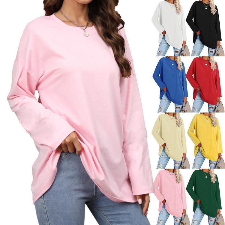 

Plus Size Women s Casual Solid Color T-Shirt Long Sleeve Round Neck Big Size Clothing for Spring Autumn S небо синє кольору