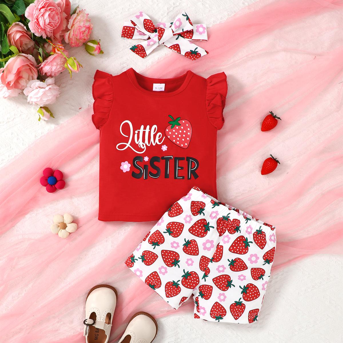 Fashion Summer Baby Girl 3PCS Outfit Set Letter Print Ruffle Sleeve T-Shirt + Shorts + Headband for 0-3Y Toddler Casual Clothes 6-9M красный