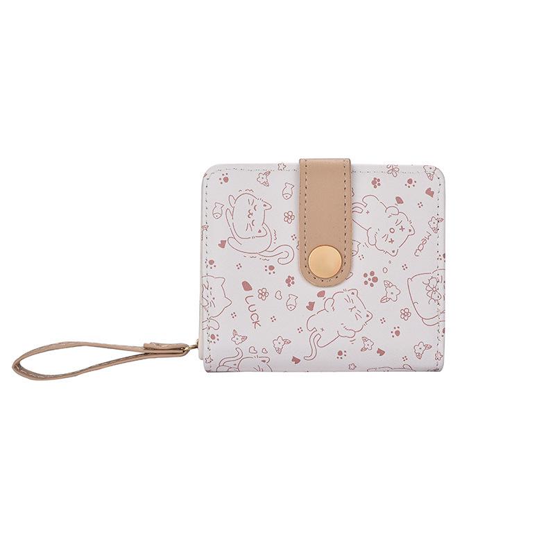Cute Kitten Japanese Women's Snap Coin Pocket Short Wallet with Strap and Card Holder