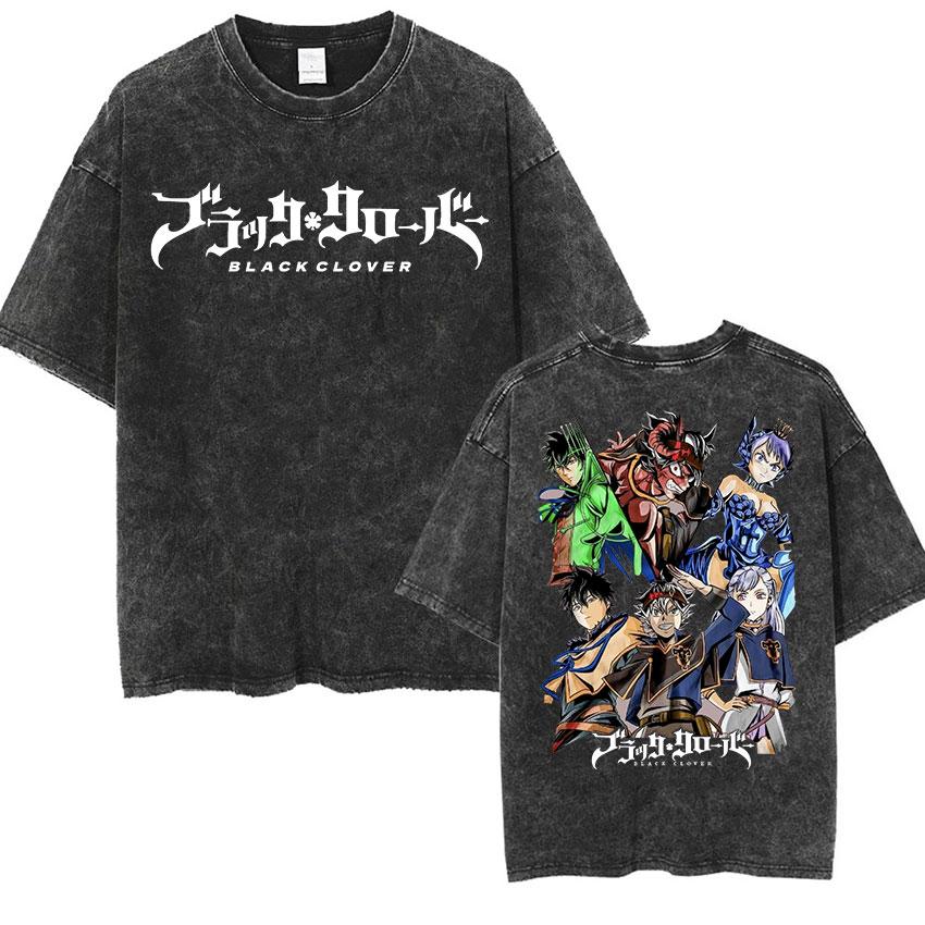 Vintage Washed Black Clover Asta Anime Oversized T-shirt Man's Fashion Loose O-Neck T-shirts Summer High Quality Cotton T Shirts