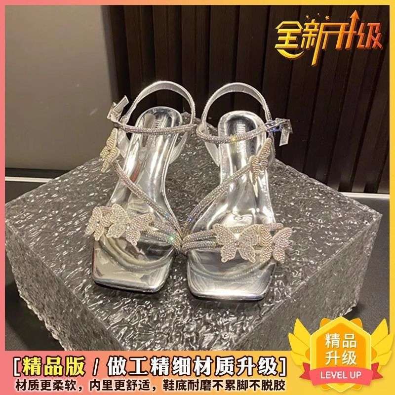 Rhinestone French Summer Sandals Women's 2025 New Summer Wear Exquisite High-end Feeling Not Tired, Middle Heel High Heels