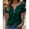 Fashionable and Elegant Zipper V-neck Color Blocked Printed T-shirt, Plus Size Women's Short Sleeved Summer Loose T-shirt