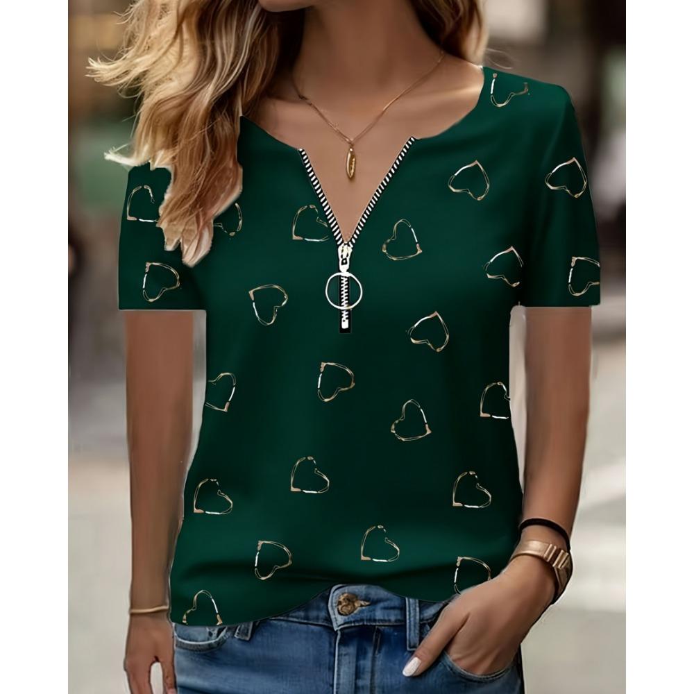 Fashionable and Elegant Zipper V-neck Color Blocked Printed T-shirt, Plus Size Women's Short Sleeved Summer Loose T-shirt