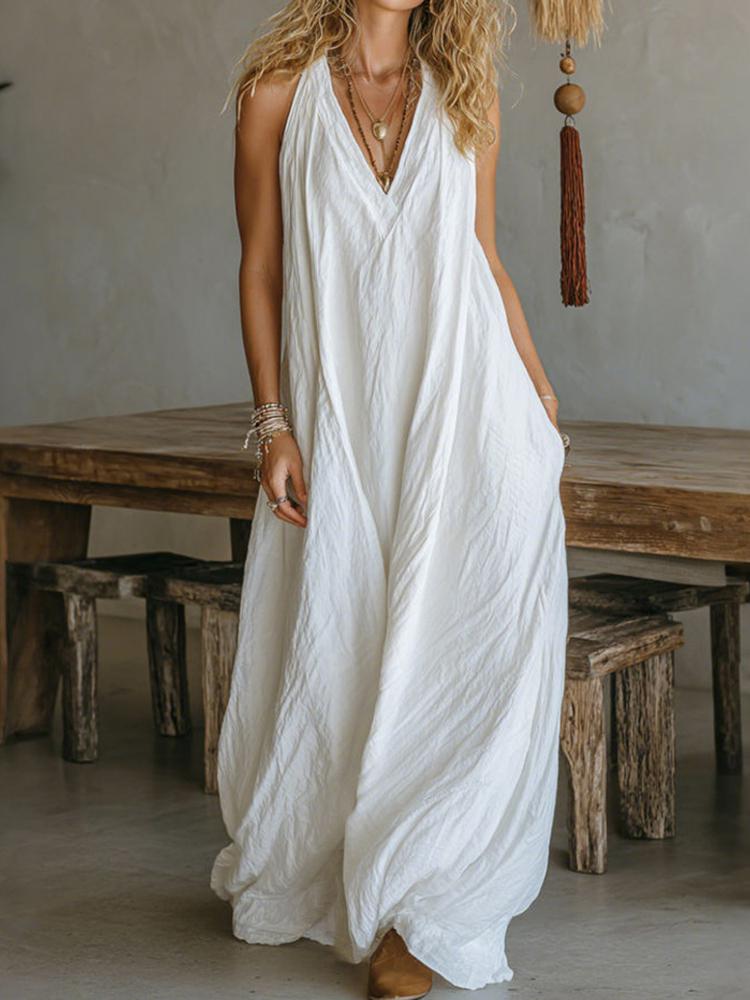 Damen Sommer Locker Ärmellos Schickes Maxikleid, Einfarbig Patchwork Elegantes Partykleid Lässig Einfach V-Ausschnitt Damenkleider