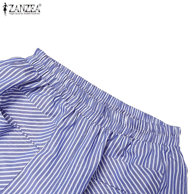 ZANZEA Dame Casual Elastisk Midje Løse Capri Bukser med Stripetrykk