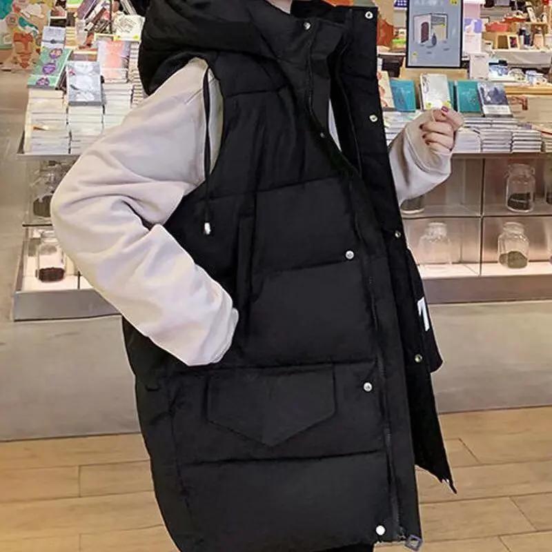 

Женский зимний теплый жилет без рукавов с капюшоном, однотонный топ, свободная женская жилетка, повседневная верхняя одежда XS чёрный