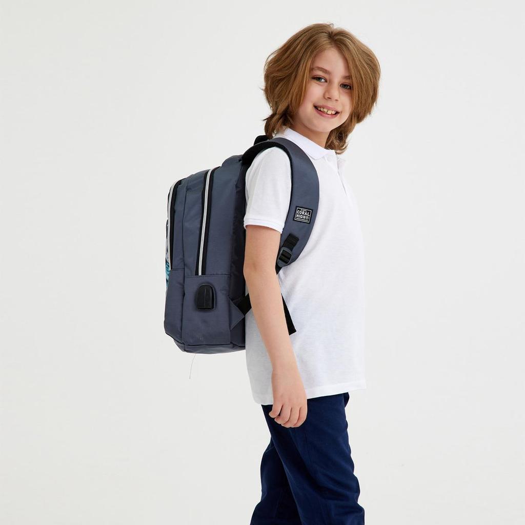 Tříkomorový USB školní batoh Coral High Kids Dark Grey Black se vzorem dinosaura 23420