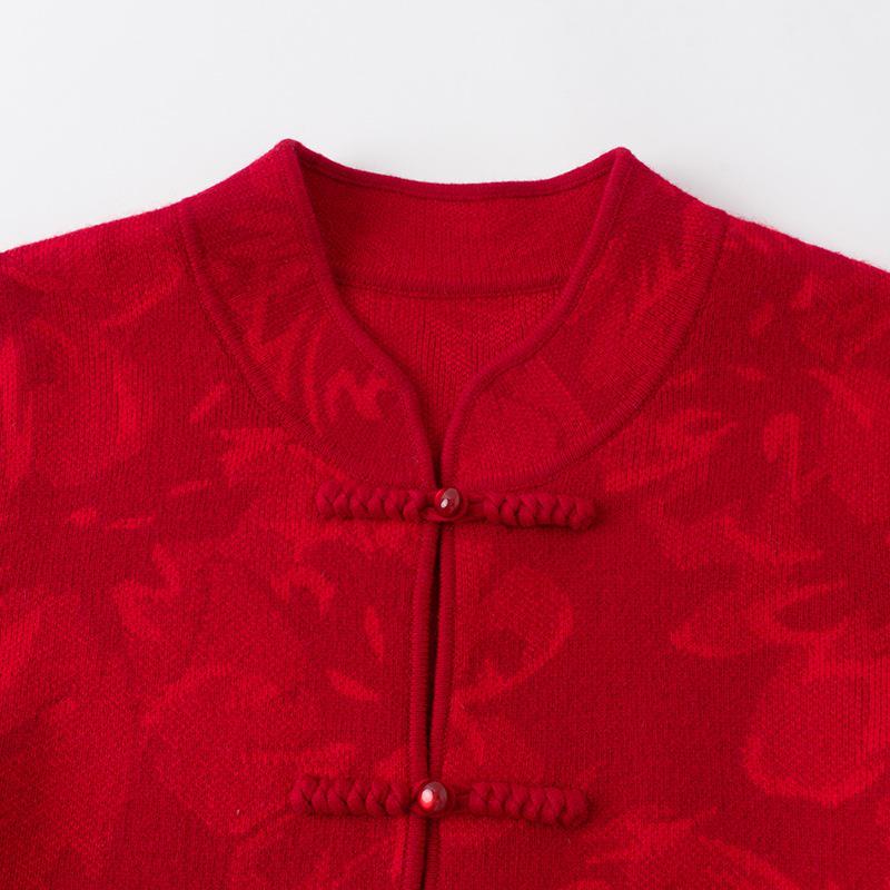 Red Wool Tang Suit Sweater Coat with Stand Collar & Frog Buttons for Women