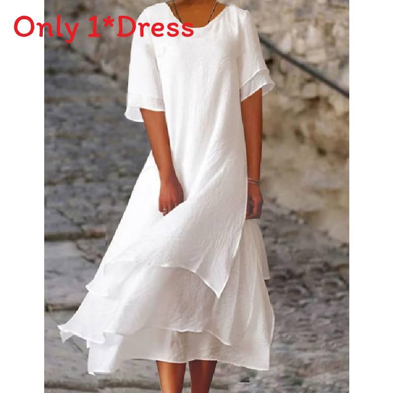 Vestido de Verano de Algodón y Lino de Doble Capa con Bloques de Color y Manga Corta de Cuello Redondo para Uso Casual