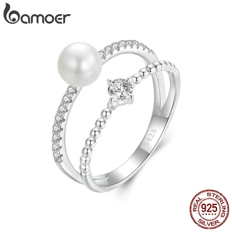 

Женское кольцо BAMOER из стерлингового серебра 925 пробы с натуральным жемчугом и муассанитом, эффектный подарок на годовщину, ювелирные изделия 2.1mm