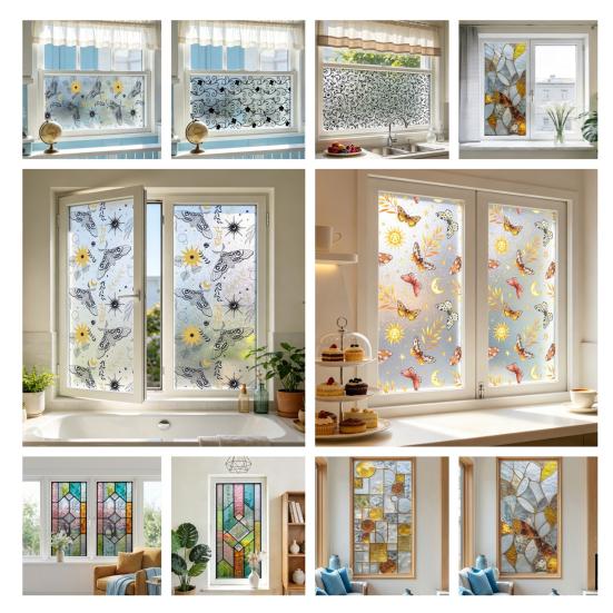 Window Privacy Film Static Window Clings Decorative Plants Butterflies Non-Adhesive Sticker Sun Blocking