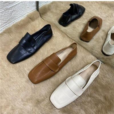 Loafers Women'S Square Head British Style Soft Sole Small Leather Shoes Versatile Set Feet Two Wear Flat Single Shoes