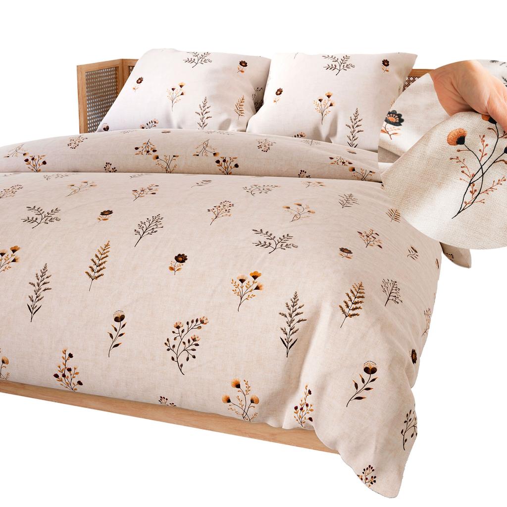 Dusoria Cotton Satin Bedding Set Beige With Plants 160X200 Cm