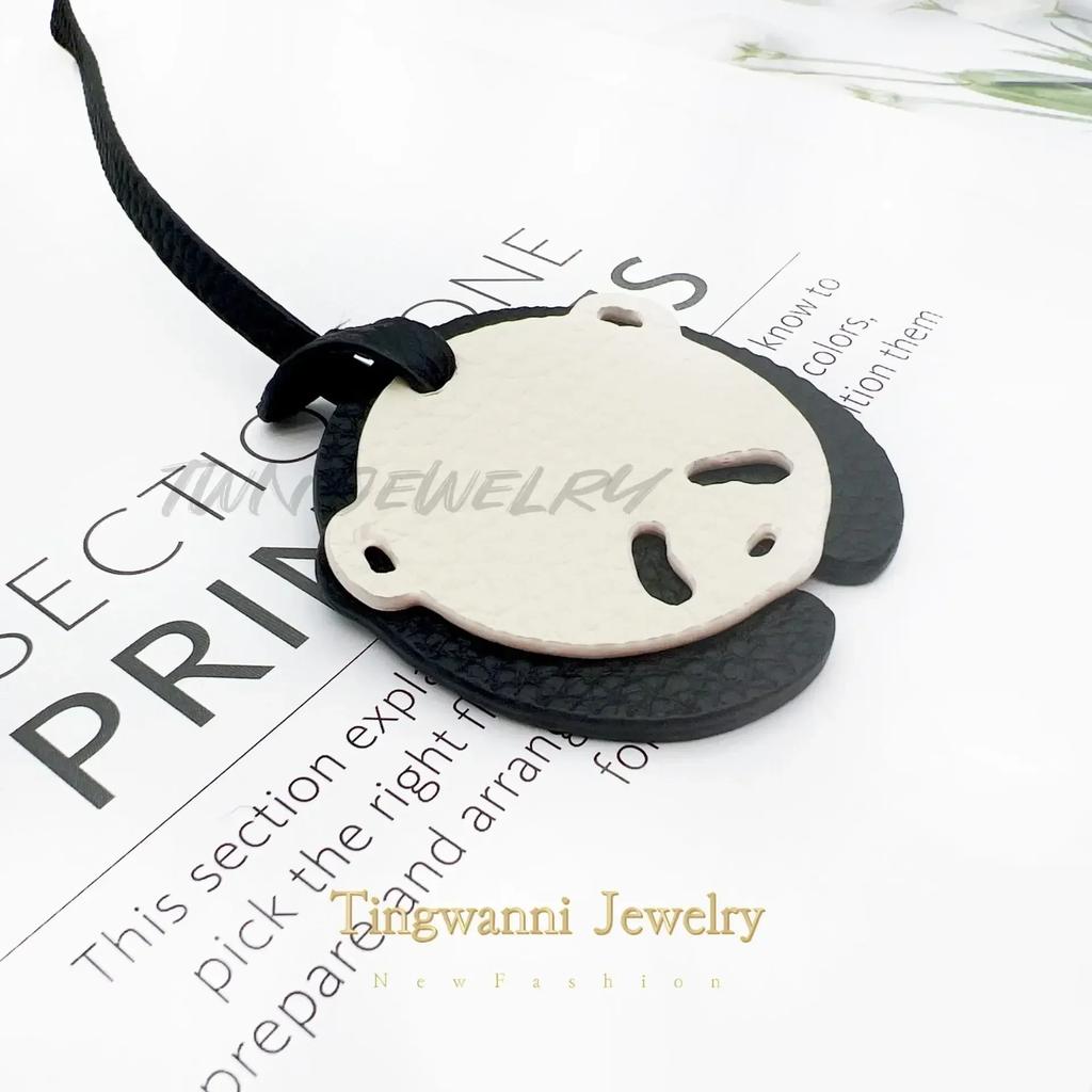 Cute panda bag pendant, top layer cowhide charm, leather backpack, animal charm key chain