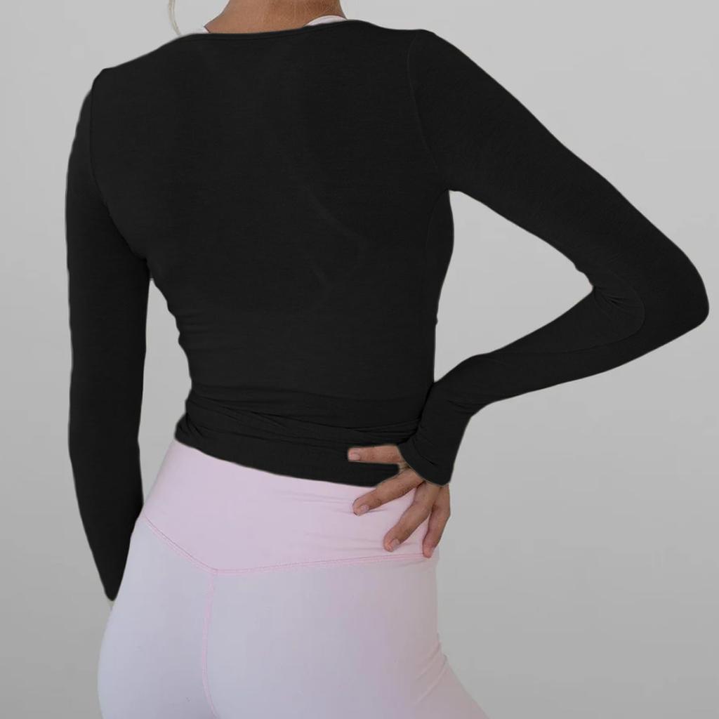 Women’s Long Sleeve Wrap Front Ballet Cardigan with Adjustable Waist Tie and Thumbhole Cuffs for Dance Yoga Layering