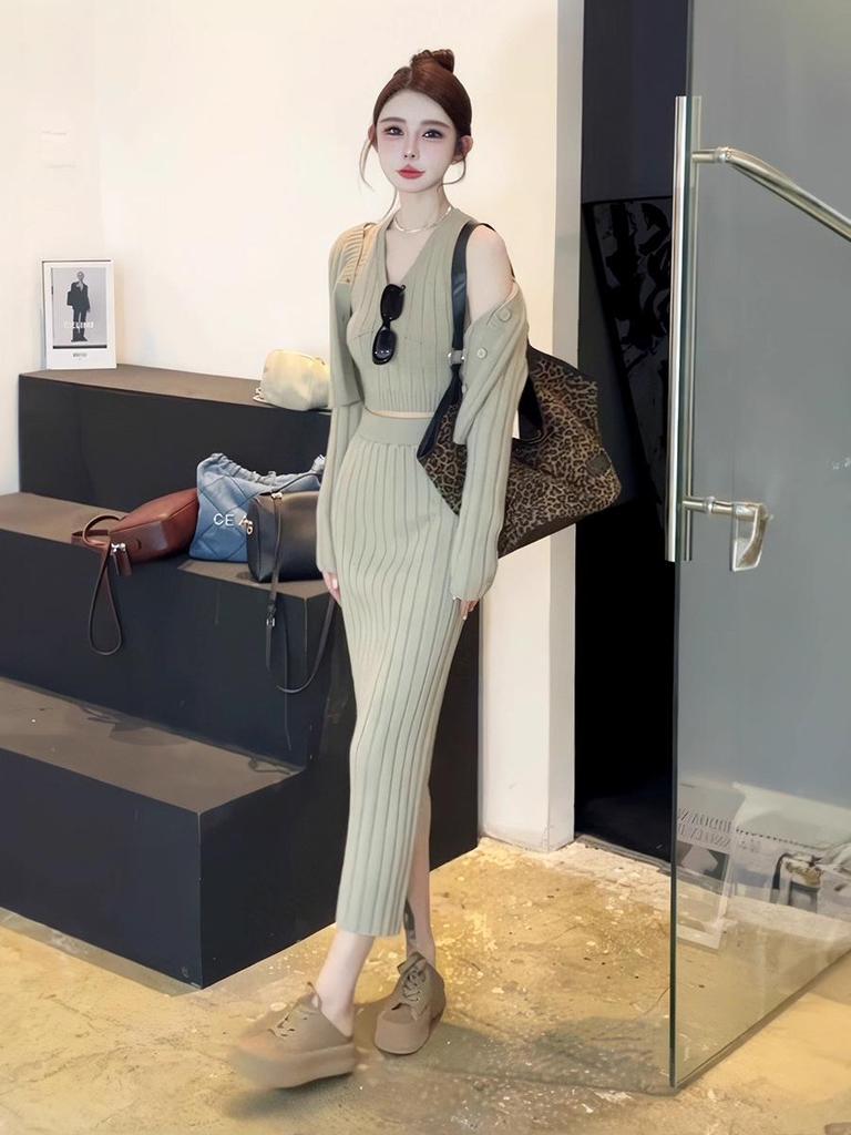 Autumn 2025 Korean Style Slim Fit Knit Set: Cardigan, Camisole, Slit Skirt for Women