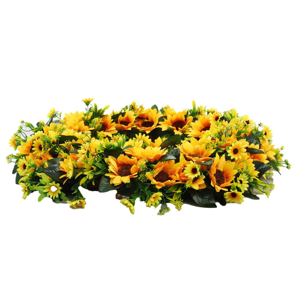 Künstlicher Sonnenblumenkranz mit grünen Blättern Hängender Falscher Frühlingskranz für Haustür Eingangsbereich Wand Heimdekoration