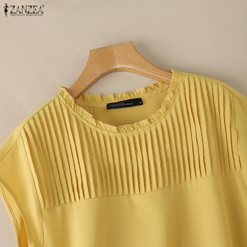 ZANZEA Blusa Casual Feminina de Manga Curta e Cor Sólida com Decote Redondo