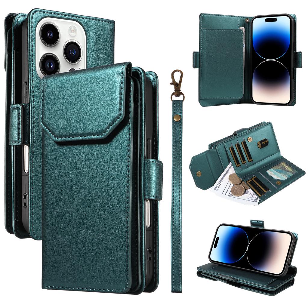 For iPhone 14 Pro Max Case with Multi-Card Holder and Strap PU Leather Phone Cover Stand