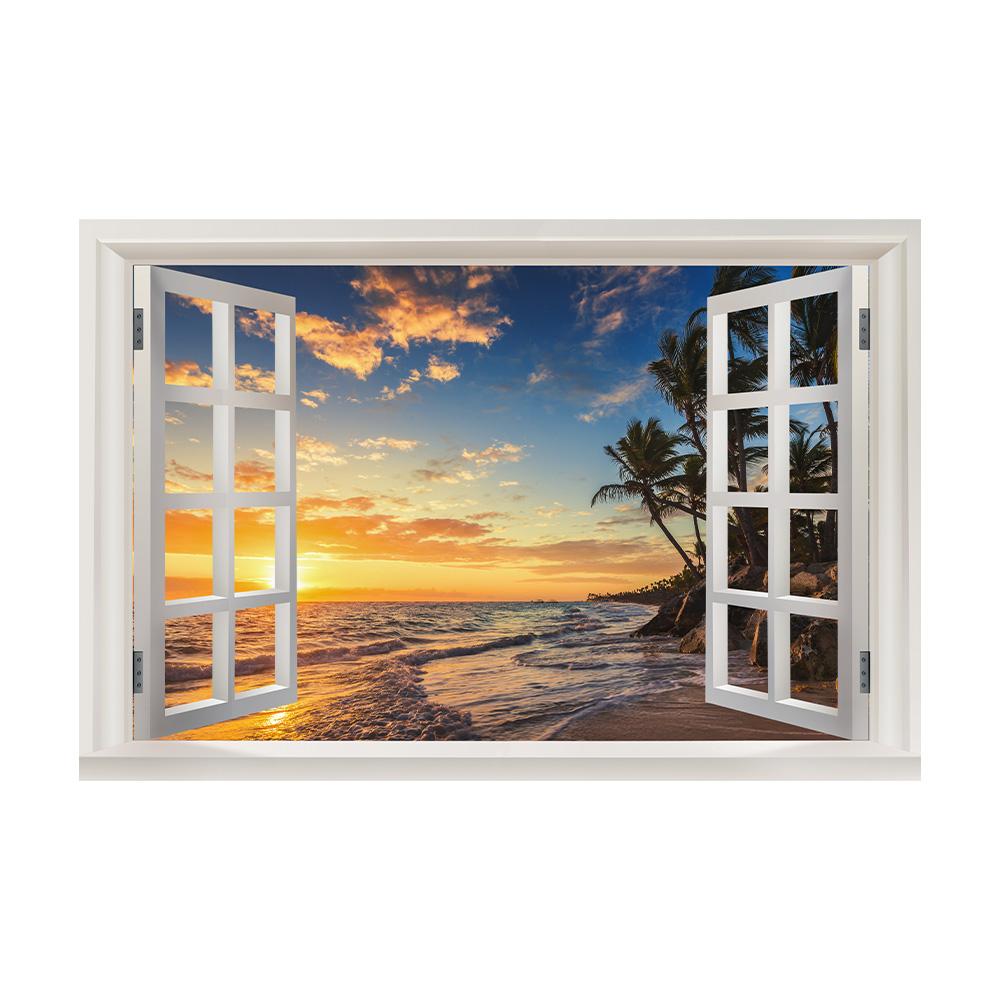 3D Window View Wall Art Beach Summer Beach Coconut Tree Wall Murals Print Art Canvas Poster For Living Room Pictur