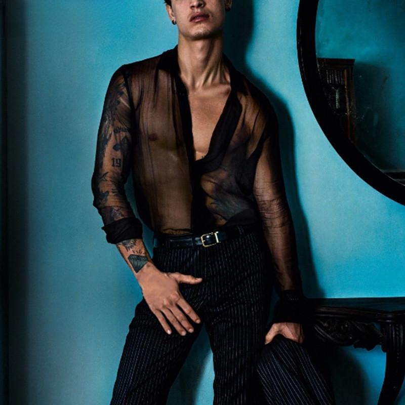 Summer Men Long Sleeve Shirt Thin Button Clubwear Party Black Tops