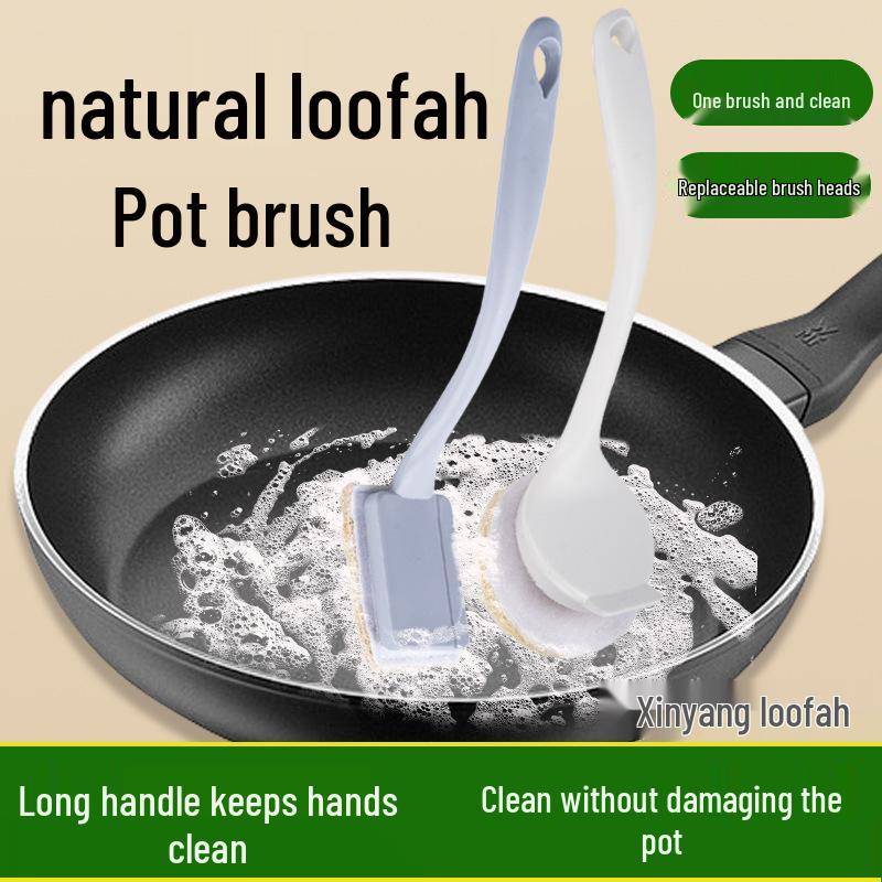 Non-Scratch Loofah Pot Brush with Long Handle - Keeps Hands Clean for Effective Kitchen Cleaning & Degreasing