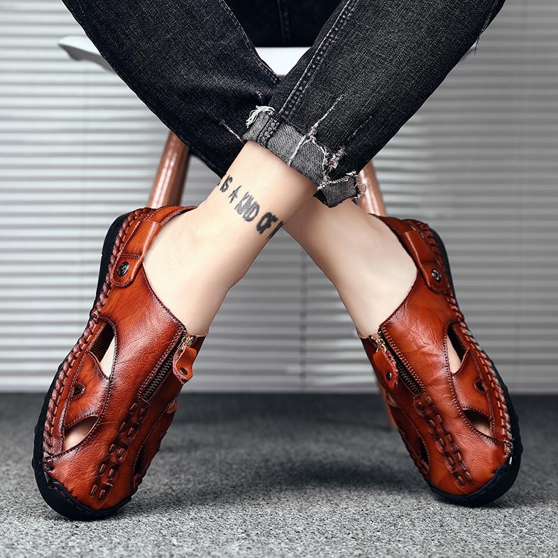 Men Outdoor Hiking Sandals Brown Leather Closed Toe Blue Beach Shoes Walking Handmade Sandals Plus Size