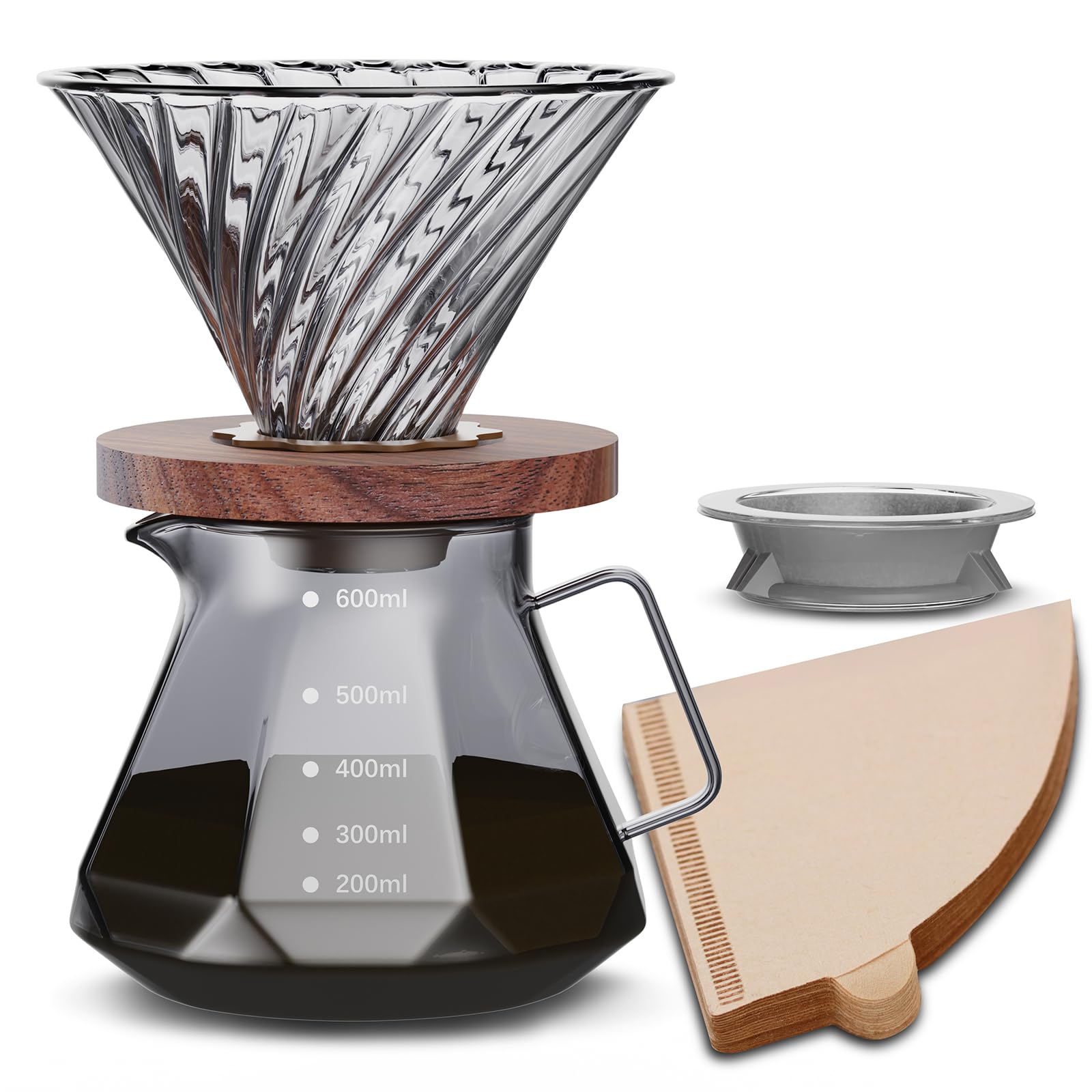 ESTVLB Coffee Glass with Wooden 600ml Capacity with Serves Coffee Drip Coffee Drip Tool with Hand Drip Coffee Coffee Drip Perfect for Cafes Server,