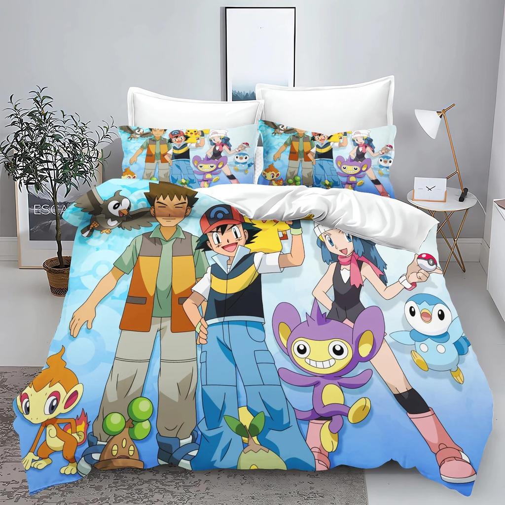 Ensemble de literie Pokémon Série Pikachu Housse de couette Taie d'oreiller à imprimé dessin animé, Décoration d'ensemble de housse de couette pour chambre, Grand King 260x240cm