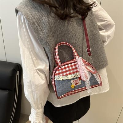 Rote Karotasche Damen neue trendige Mode College-Stil Handtasche frisch und süß Spitze Schulter Umhängetasche