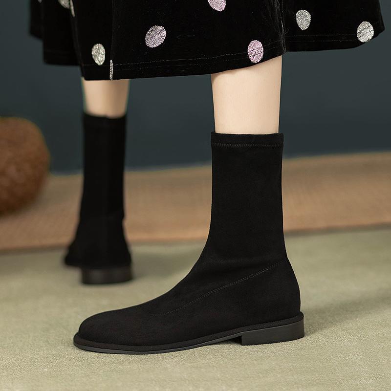 Herbst Vintage Runde Zehe Damen Ballerinas Stiefeletten Streetstyle Bankett Elastisch Schlank Kurz Botas Mujer