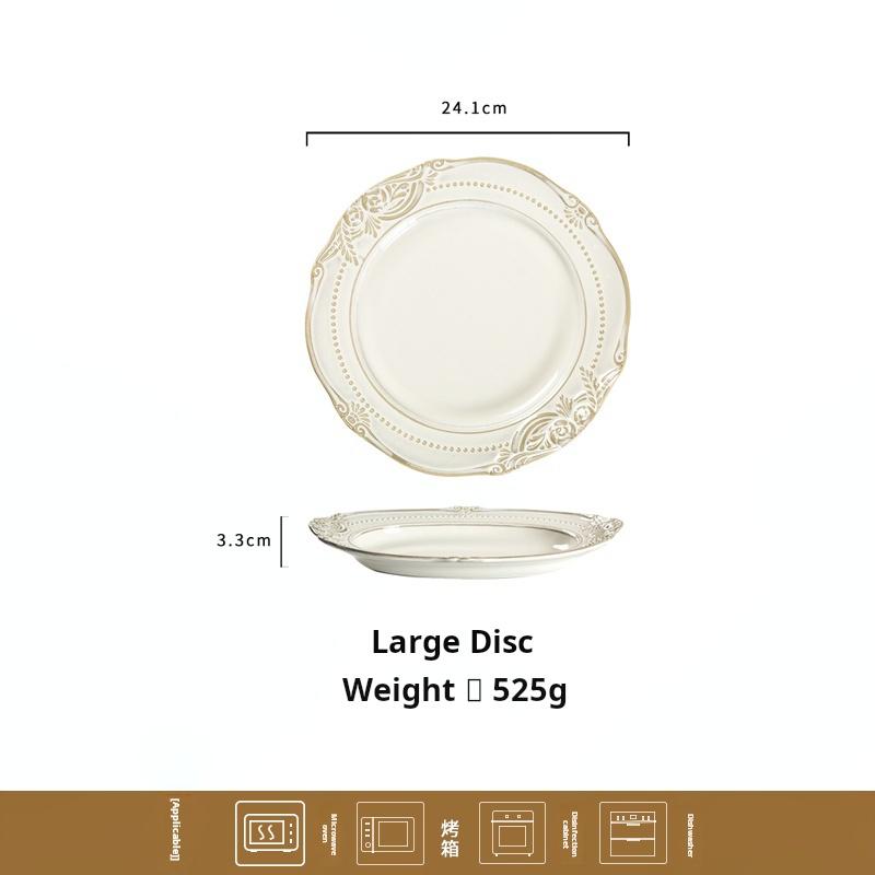 Household ceramic relief deep plate, soup plate, European-style steamed dishes, round large plate rice bowl soup bowl flat plate
