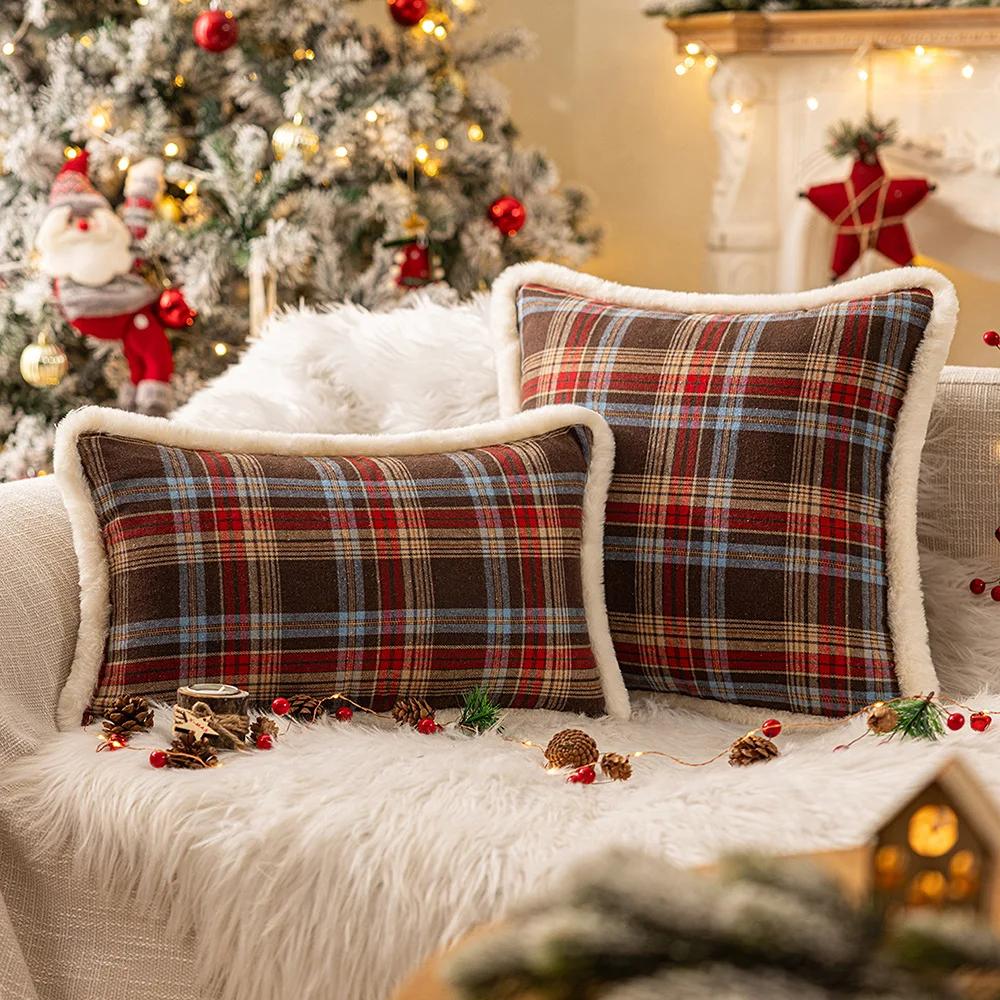 New Christmas Plaid Plush Edge Pillowcase, Winter Imitation Rabbit Fur Living Room Sofa Cushion New Christmas Party Decoration