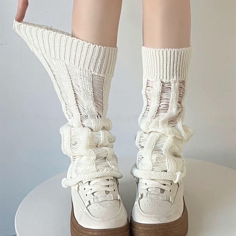 Y2k Hole Leg Warmers White Pile Socks Women Trumpet Leg Covers Jk Calf Socks Gothic Black Punk Japanese Boot Cuffs Slouch Socks