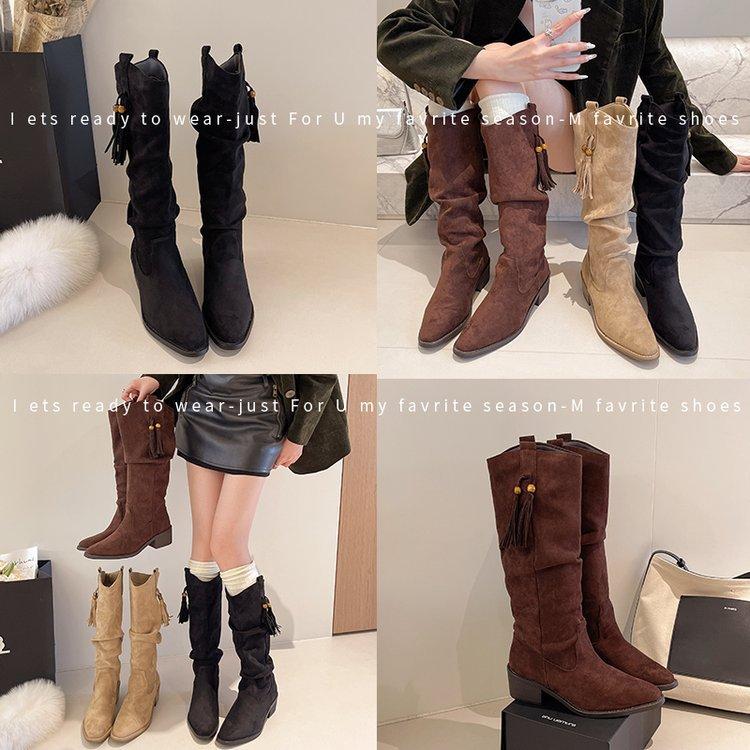 Cowhide version retro western boots women's 2025 new autumn thick-soled knee-length boots pointed tassel stacking boots