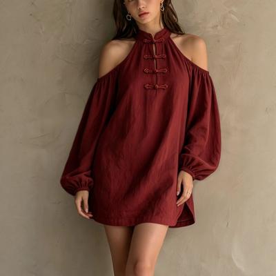 Damen S Schulterfrei Langarm Einfarbig Locker Baumwolle Leinen Kleid