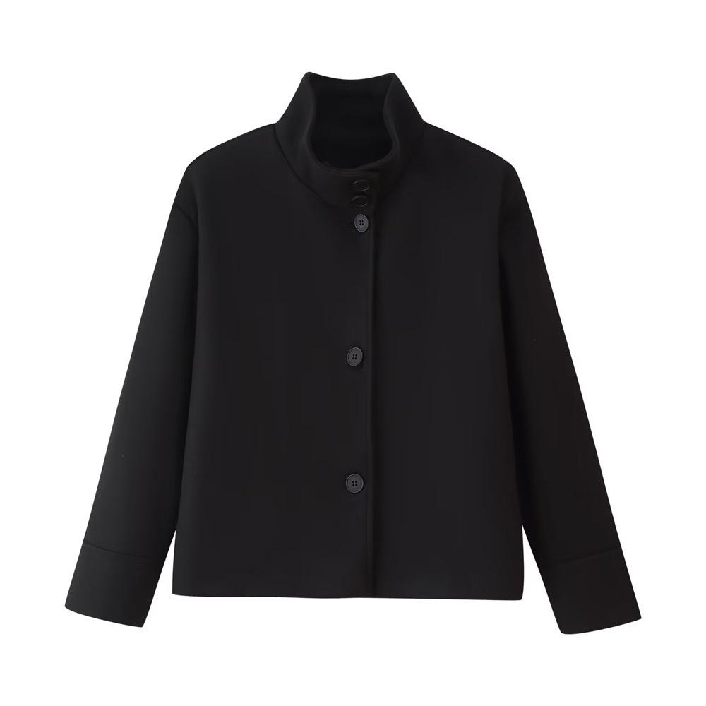 European and American women's clothing autumn and winter stand-up collar breasted short loose jacket casual solid color woolen coat top