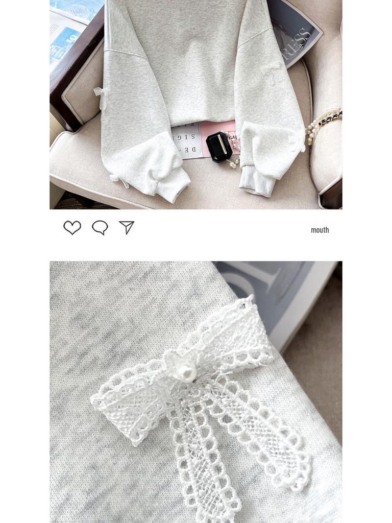 Girls' Autumn Sweatshirt with Bow Collar and Embroidery - Fashionable Academy Style Color Block Top