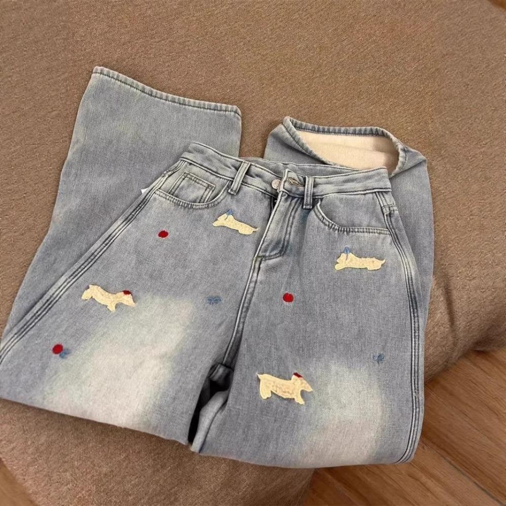 Women's High Rise Wide Leg Jeans Fleece Lined Vintage Washed Denim Loose Straight Leg Pants Dachshund Embroidery Casual Commuter Winter Denim Trousers
