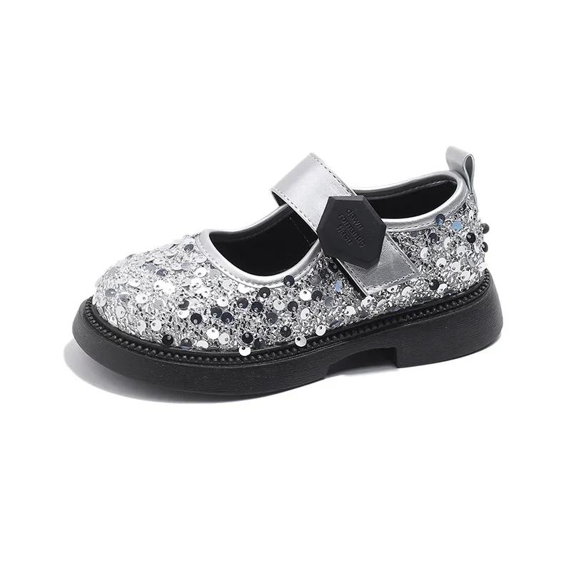 Girls Princess Shoes with Shiny Sequin Kids Leather Shoes Round Toes Hook&loop 2025 New Fashion Children Flat Shoes Non-slip