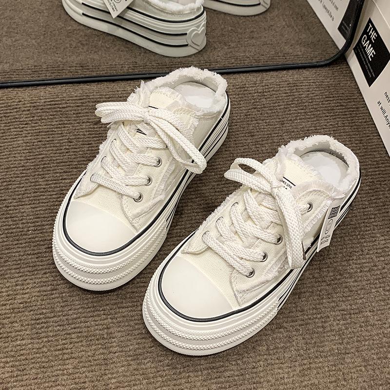 

Баотоу холщовые полутапочки женские летние 2025 новые на толстой подошве с увеличением роста повседневные на шнуровке ленивые маленькие белые крутые тапочки 35