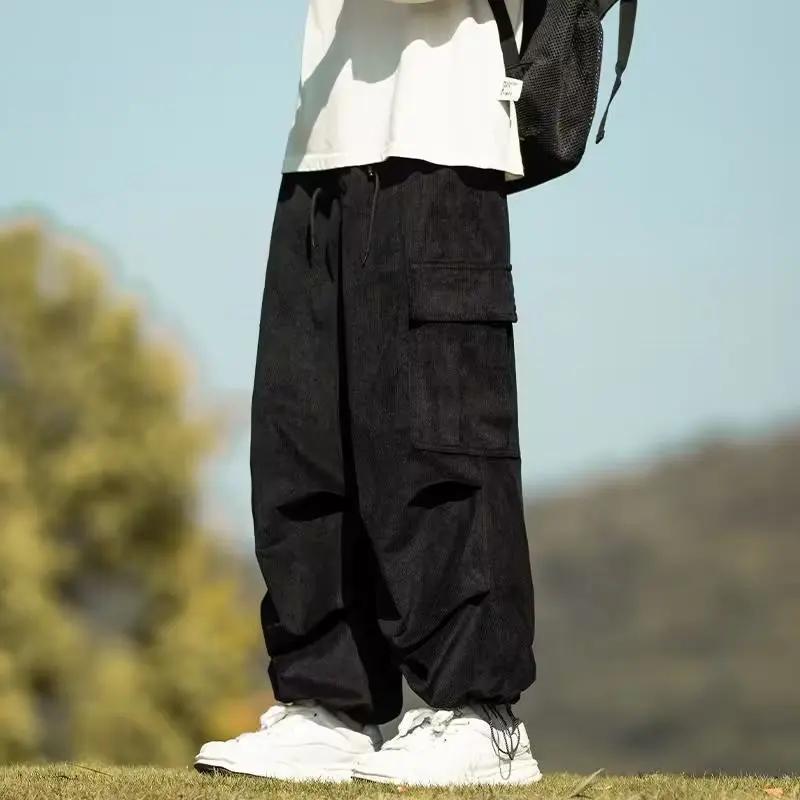 Autumn Winter Straight Leg Wide Leg Pants Vintage Brown Corduroy Pants Men's Loose-fit Drawstring Ankle Casual Pants