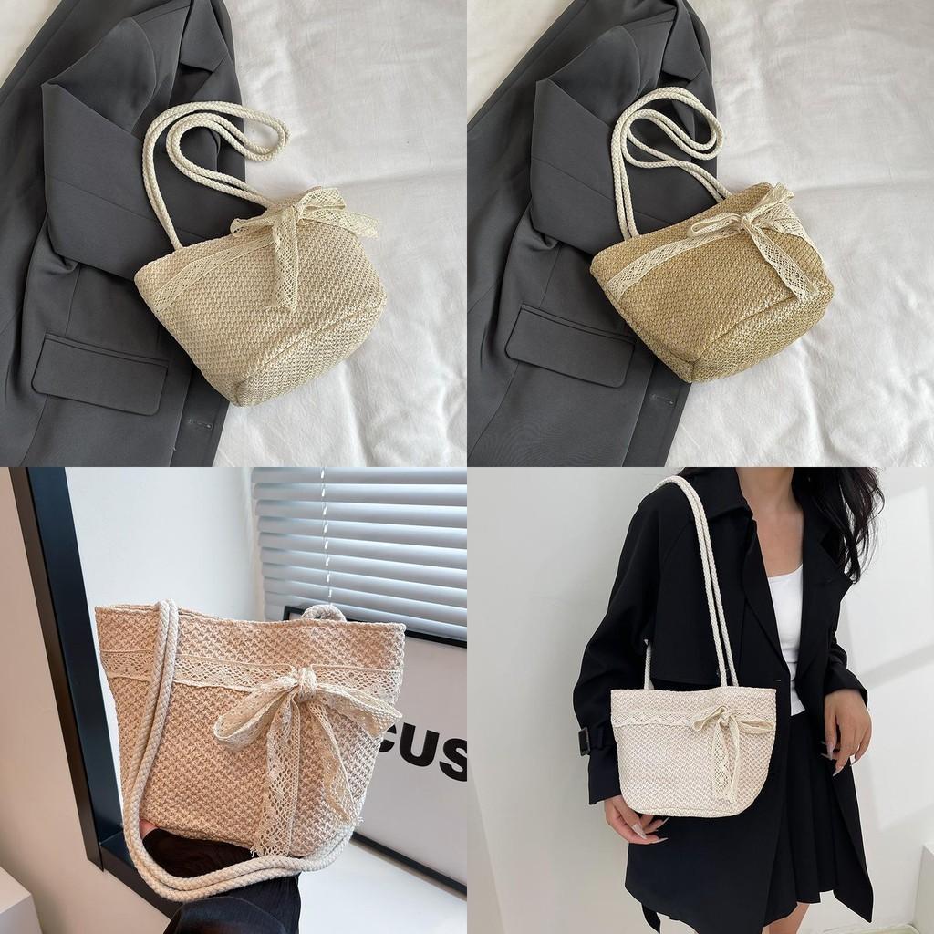 Chic White And Khaki Woven Shoulder Bag With Spacious Design For Everyday Outings