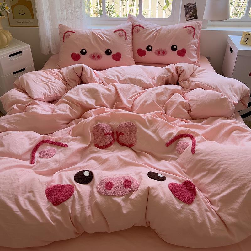 Super Soft Cotton Chenille Bear Embroidery Bedding Set - 4-Piece Simple Cartoon Duvet & Sheet